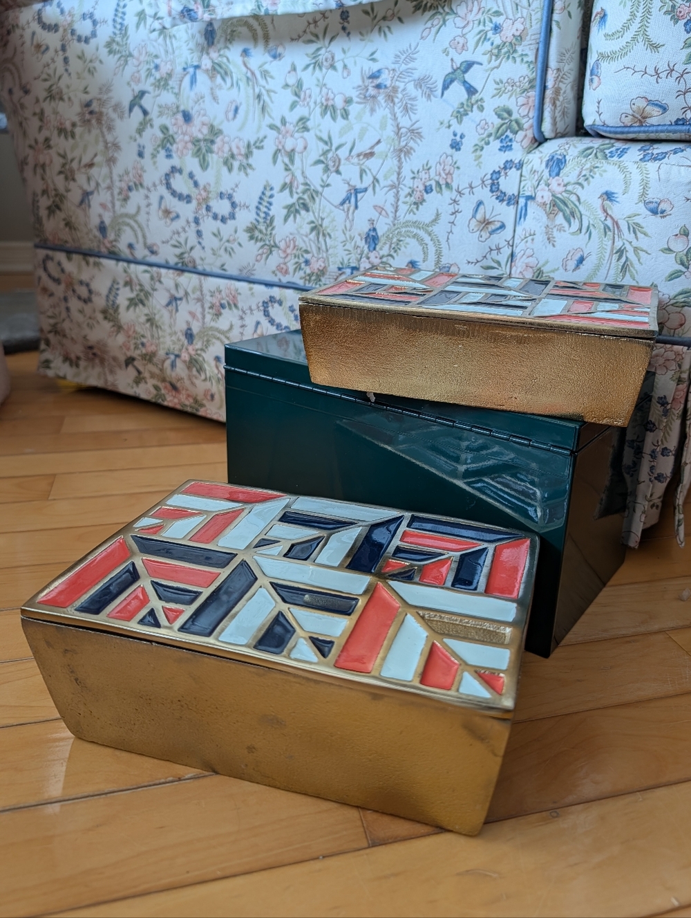 Vtg Brass & Enamel Large Nesting Boxes - Picture 2 of 16